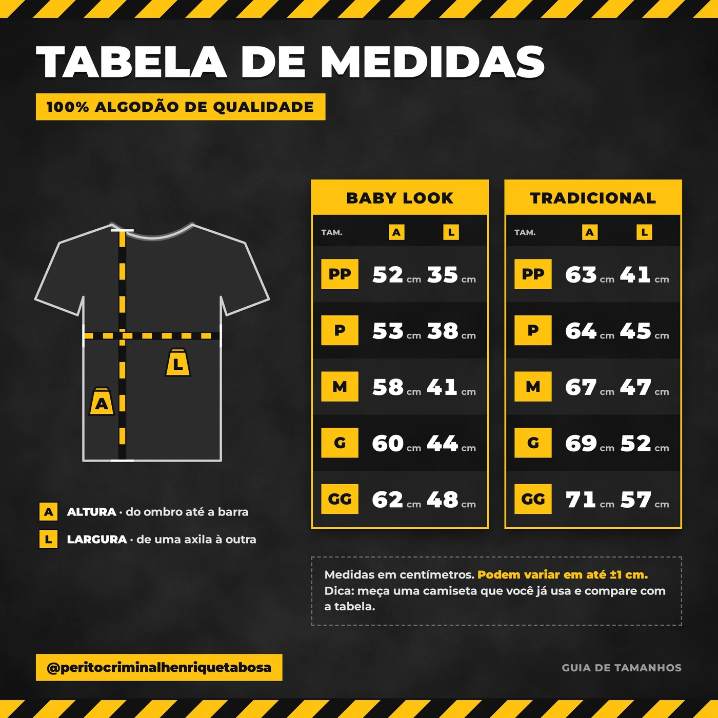 Tabela de medidas das camisas. Babylook: PP altura 52 cm largura 35 cm; P 53 e 38; M 58 e 41; G 60 e 44; GG 62 e 48. Tradicional: PP 63 e 41; P 64 e 45; M 67 e 47; G 69 e 52; GG 71 e 57. Altura do ombro até a barra, largura de uma axila à outra. Pode variar até 1 cm.
